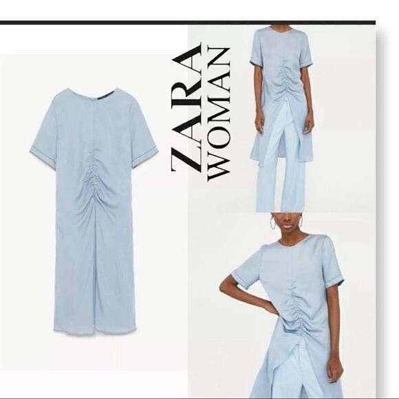 Zara ruched front slit midi long satin  tunic light blue XS - Picture 4 of 10